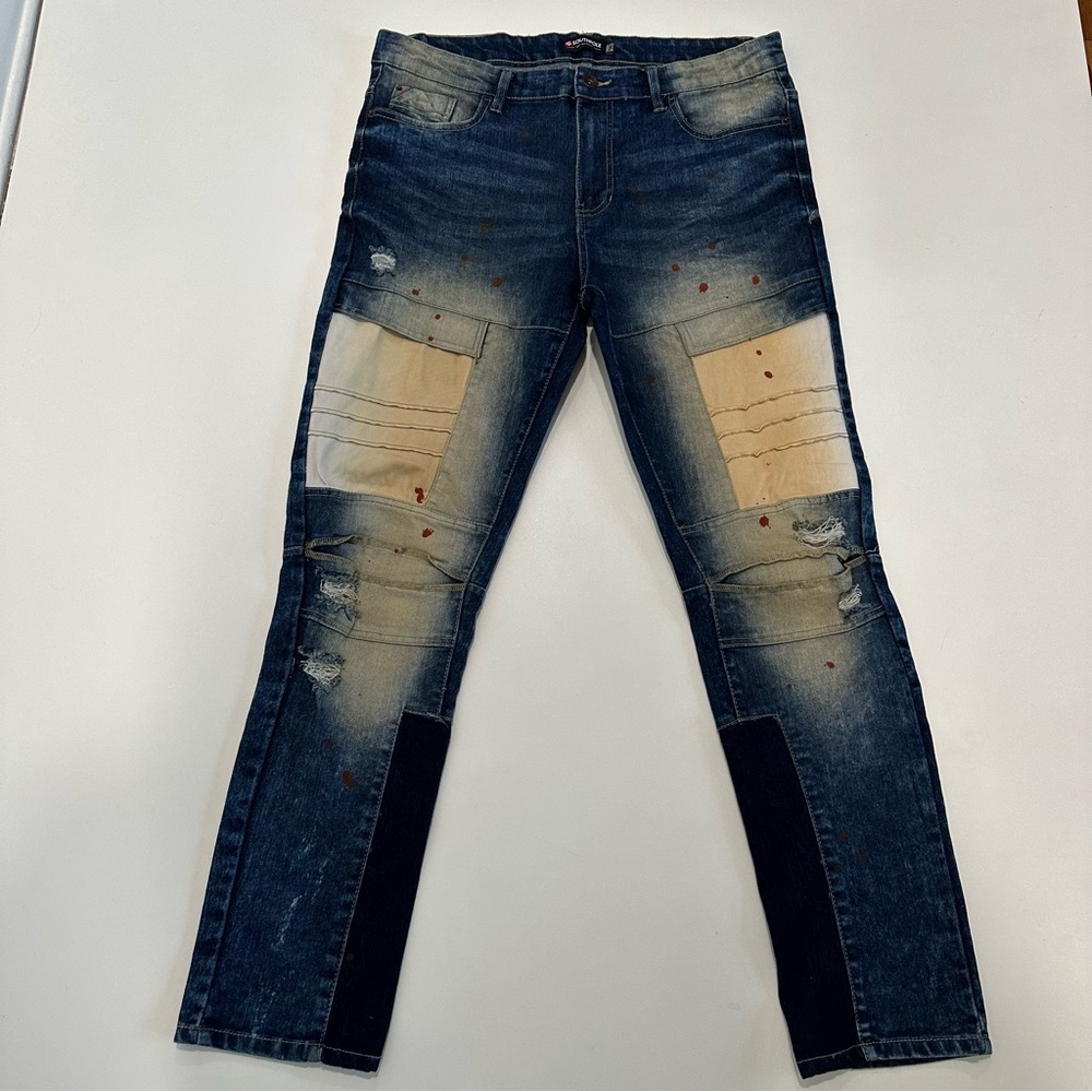 South Pole Art Deco Patched Bleached Pleated Skinny Jeans Mens Size 36x32